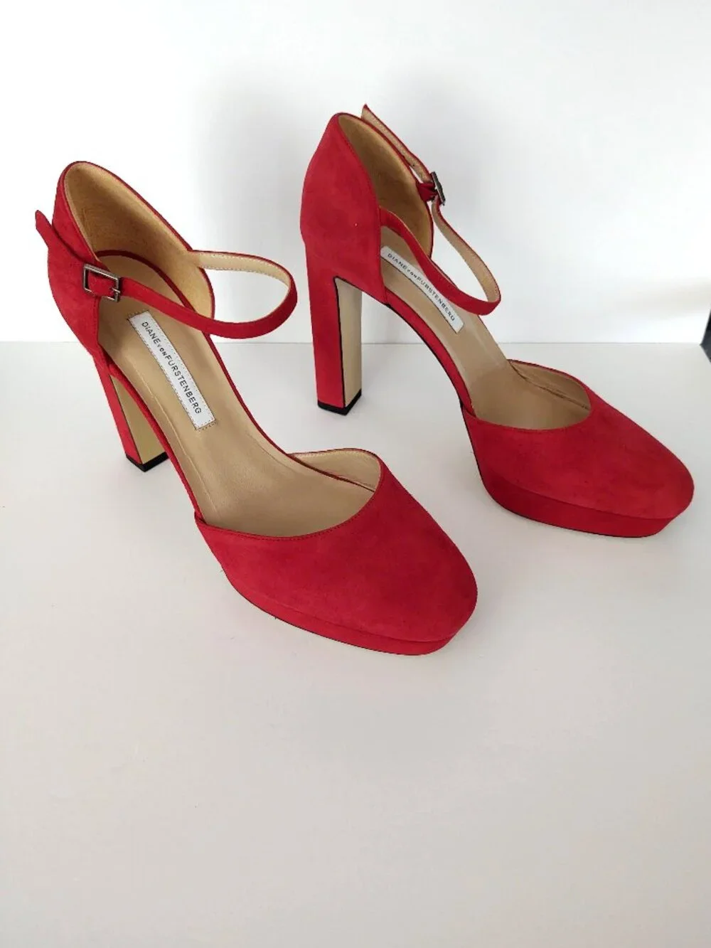 Crimson red suede ankle strap platform pump